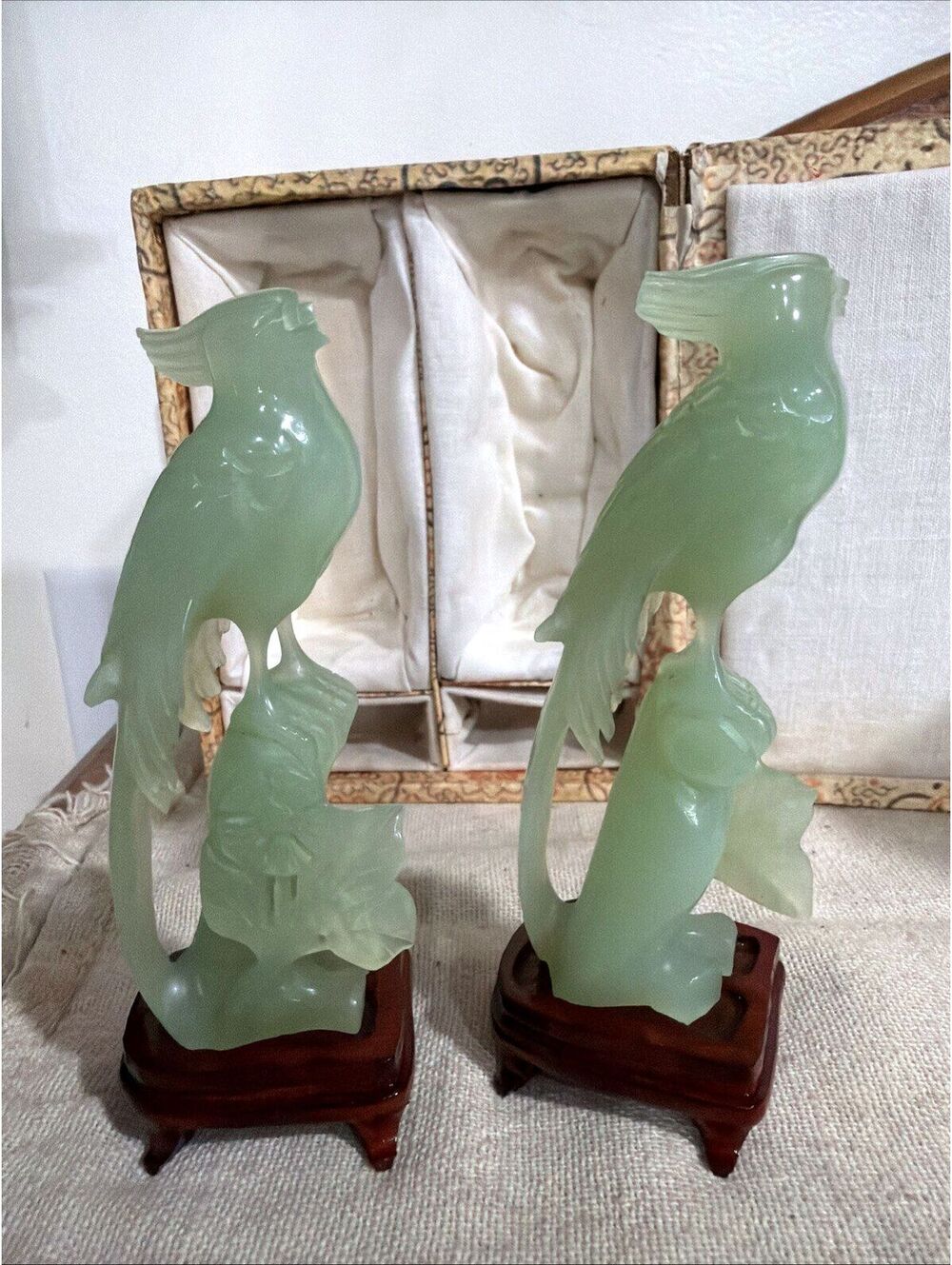 VTG Pair Chinese Carved Green Jade Bird Figurines w/ Stands And Box 5” Read